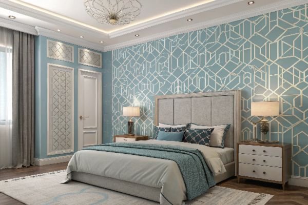 bedroom wallpaper decor and lamps