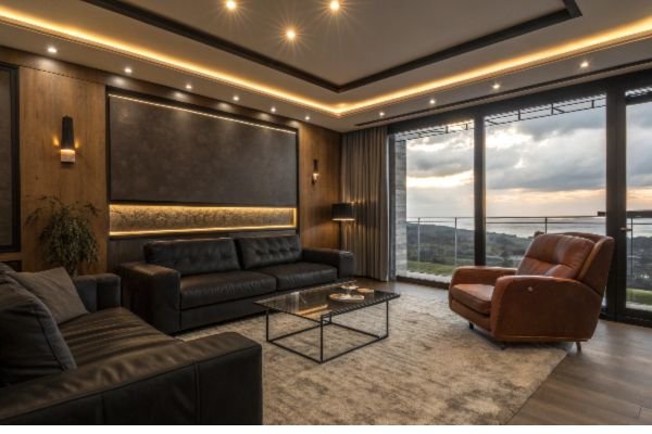 black and brown living room with coffee table