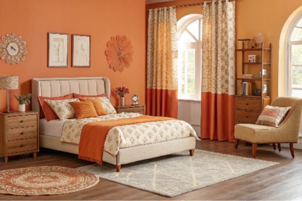 Orange bedroom decor with bed, curtains, and furniture