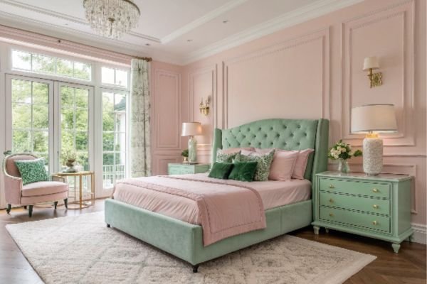pink and green bedroom with chic furniture