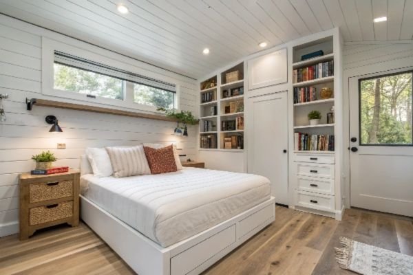 a Tiny bedroom decor with a bed, shelves, and window